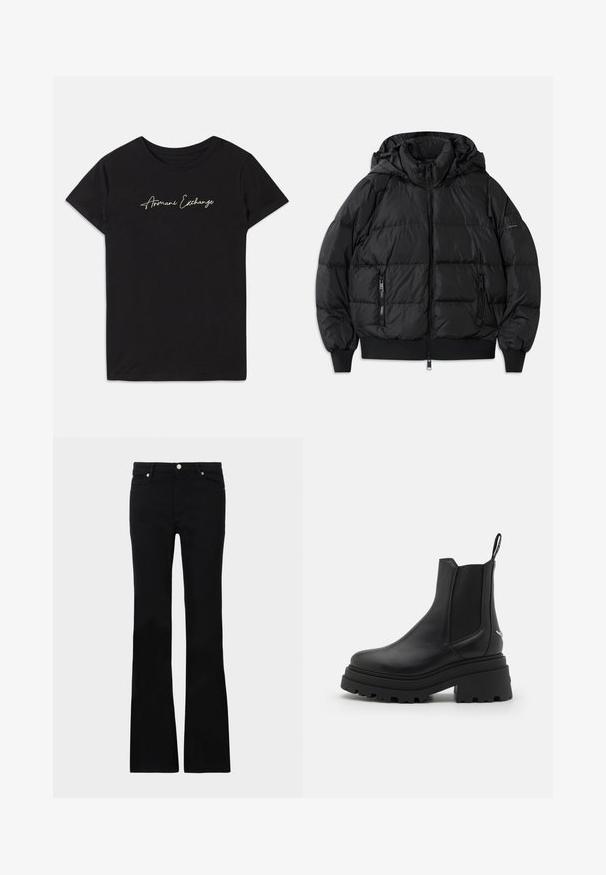 Musternahk vest, mille, lukuga ees ja kahe lukuga küljetaskuga. Omab soonikuga varrukaotsi ja alt, sileda läikiva tekstuuriga.; Must have lühikeste varrukatega must puuvillane T-särk, millel on ümmargune kaelus ja mille esiküljel on valgest kirjaga "Armani Exchange".; Mustad teksased, millel on flared lõige, kaks esi-taskut, nööbiga kinnitamine ja sile tekstuur. Tootemärgistus on nähtav õmblustes.; Mustad mustad tumed nahast Chelseas kingad, millel on elastsed külgpaneelid, paks ja sooniline kummitald ning tagaküljel tõmberaam.