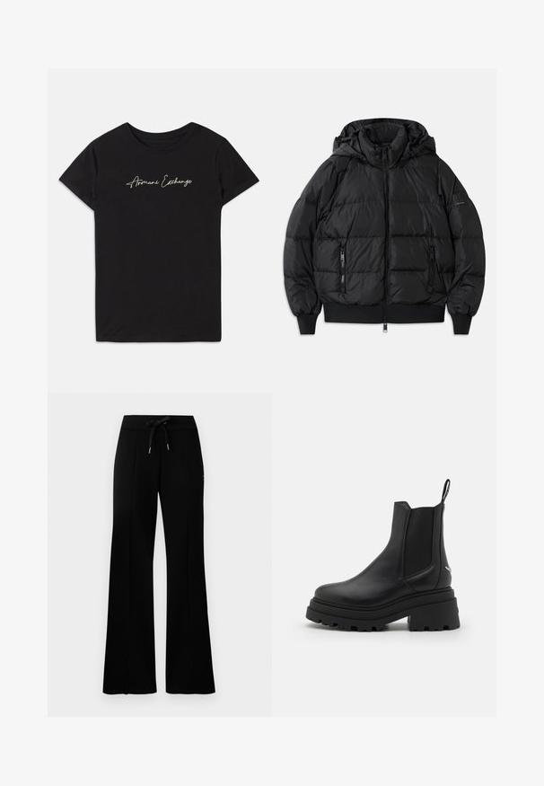 Černá péřová bunda s kapucí, zipovým zapínáním vpředu a dvěma bočními kapsami se zipem. Má žebrované manžety a lem, hladký lesklý povrch.; Černé bavlněné tričko s krátkým rukávem a kulatým výstřihem, zdobené bílým kurzivním logem "Armani Exchange".; Černé široké tepláky s elastickým pasem a šňůrkou, bočním rozparkem, měkkým materiálem a elegantním designem.; Černé chelsea boty vyrobené z hladké kůže s elastickými bočními panely, silnou, strakatou gumovou podrážkou a poutkem na zadní straně.