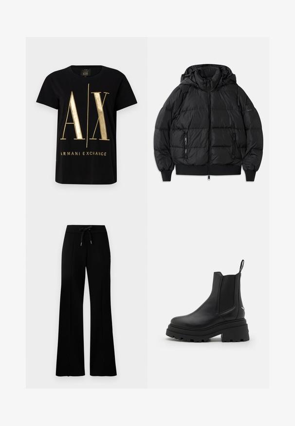 Juodas pūkuotas džemperis su gaubtu, užtrauktuko priekyje ir dviem užtrauktukais uždaromomis šoninėmis kišenėmis. Yra raštuoti rankogaliai ir apatinė dalis, glotni blizgi tekstūra.; Juodas medvilnės marškinėliai su ryškiu auksiniu "A/X" logotipu ir "ARMANI EXCHANGE" užrašu, trumpomis rankovėmis, apvalia iškirpte, lygiu paviršiumi.; Juodi platūs sportiniai kelnių su raišteliu liemeniu, šoninėmis įpjovomis, minkšta medžiaga ir elegantiškas dizainas.; Juodi Chelsea batai, pagaminti iš lygaus odos, su elastingais šonų paneliais, storu, grotuotu guminio pado ir su traukimo įrankiu gale.