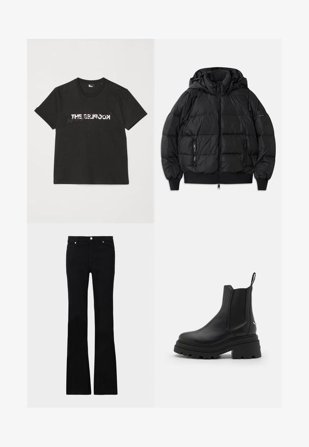 Sort pufferjakke med hætte, lynlås foran og to lynlåslommer på siden. Har ribbede mansjetter og nederkant, glat skinnende tekstur.; Sort bomulds t-shirt med korte ærmer, der har et trykt hvidt og gråt "THE 2LOOK" design over forsiden. Klassisk crew neck.; Sorte bløde jeans lavet af denim, med to frontlommer, knaplukning og en glat tekstur. Signaturstikninger synlige ved sømmene.; Sorte chelsea støvler lavet af glat læder med elastiske sidepaneler, en tyk, rillede gummisål og en pull-tab bagpå.