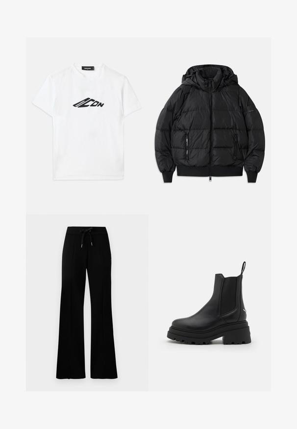 Schwarze Puffjacke mit Kapuze, Reißverschluss vorne und zwei Reißverschlusstaschen an den Seiten. Mit gerippten Bündchen und Saum, glänzende, glatte Textur.; Weißes Baumwoll-T-Shirt mit einem schwarzen Logodruck auf der Vorderseite. Klassischer Rundhalsausschnitt und kurze Ärmel mit lockerer Passform.; Schwarze, weit geschnittene Sweatpants mit einem Kordelzugbund, seitlichen Schlitzdetails, weichem Stoff und einem eleganten Design.; Schwarze Chelsea-Stiefel aus glattem Leder mit elastischen seitlichen Einsätzen, einer dicken, geriffelten Gummisohle und einer Schlaufe an der Rückseite.