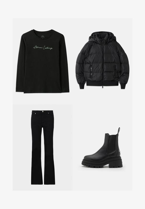 Schwarze Puffjacke mit Kapuze, Reißverschluss vorne und zwei Reißverschlusstaschen an den Seiten. Mit gerippten Bündchen und Saum, glänzende, glatte Textur.; Schwarzes Langarm-T-Shirt aus Baumwolle mit Rundhalsausschnitt. Besitzt ein grünes, gesticktes "Armani Exchange"-Logo auf der Brust.; Schwarze, ausgestellte Jeans aus Denim, ausgestattet mit zwei Fronttaschen, einem Knopfverschluss und einer glatten Oberfläche. Signatur-Nähte an den Nähten sichtbar.; Schwarze Chelsea-Stiefel aus glattem Leder mit elastischen seitlichen Einsätzen, einer dicken, geriffelten Gummisohle und einer Schlaufe an der Rückseite.