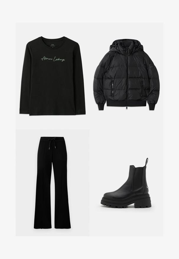 Black puffer jacket with a hood, zippered front, and two zippered side pockets. Features ribbed cuffs and hem, smooth shiny texture.; Black long-sleeve T-shirt made of cotton with a crew neckline. Features a green embroidered "Armani Exchange" logo on the chest.; Black wide-leg sweatpants with a drawstring waistband, side slit accents, soft fabric, and a sleek design.; Black chelsea boots made of smooth leather with elastic side panels, a thick, ridged rubber sole, and a pull tab at the back.