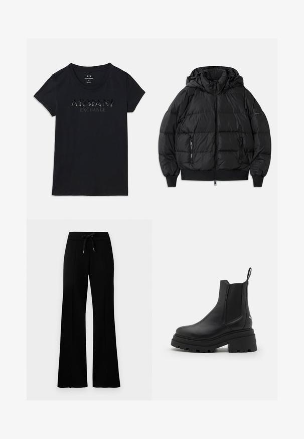 Musternahk vest, mille, lukuga ees ja kahe lukuga küljetaskuga. Omab soonikuga varrukaotsi ja alt, sileda läikiva tekstuuriga.; Must musta varrukatega Armani Exchange T-särk ümmarguse kaelusega, millel on rinnal läikiv punktikujuline "ARMANI EXCHANGE" logo.; Musthave laiad mustan värvi dressipüksid, millel on reguleeritav vöökoht, külgedel lõhikud, pehme kangas ja elegantne disain.; Mustad mustad tumed nahast Chelseas kingad, millel on elastsed külgpaneelid, paks ja sooniline kummitald ning tagaküljel tõmberaam.