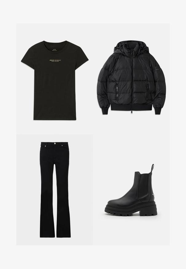 Casaco puffer preto com capuz, frente com fecho de correr e dois bolsos laterais com fecho. Apresenta punhos e bainha canelados, textura lisa e brilhante.; T-shirt preta de manga curta da Armani Exchange com "Armani Exchange Milano / New York" impresso em letras pequenas beije no peito.; Calças pretas de ganga em corte flare, com dois bolsos frontais, fecho com botão e uma textura suave. Costura característica visível nas costuras.; Botas chelsea pretas feitas de couro liso, com painéis elásticos dos lados, uma sola de borracha grossa e estriada, e uma alça na parte de trás.