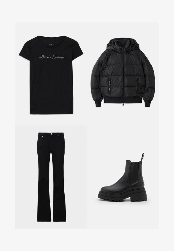 Casaco puffer preto com capuz, frente com fecho de correr e dois bolsos laterais com fecho. Apresenta punhos e bainha canelados, textura lisa e brilhante.; T-shirt preta de manga curta feita de algodão, com um logotipo em script "Armani Exchange" em adornos dourados na parte frontal.; Calças pretas de ganga em corte flare, com dois bolsos frontais, fecho com botão e uma textura suave. Costura característica visível nas costuras.; Botas chelsea pretas feitas de couro liso, com painéis elásticos dos lados, uma sola de borracha grossa e estriada, e uma alça na parte de trás.