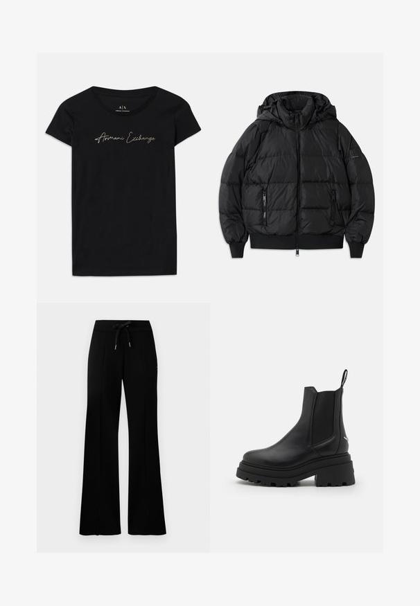Juodas pūkuotas džemperis su gaubtu, užtrauktuko priekyje ir dviem užtrauktukais uždaromomis šoninėmis kišenėmis. Yra raštuoti rankogaliai ir apatinė dalis, glotni blizgi tekstūra.; Juodas trumpas rankovėmis marškinėliai, pagaminti iš medvilnės, su auksiniais „Armani Exchange“ logotipo užrašais per krūtinę.; Juodi platūs sportiniai kelnių su raišteliu liemeniu, šoninėmis įpjovomis, minkšta medžiaga ir elegantiškas dizainas.; Juodi Chelsea batai, pagaminti iš lygaus odos, su elastingais šonų paneliais, storu, grotuotu guminio pado ir su traukimo įrankiu gale.