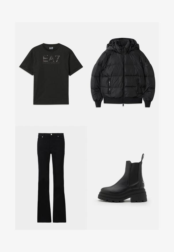 Musternahk vest, mille, lukuga ees ja kahe lukuga küljetaskuga. Omab soonikuga varrukaotsi ja alt, sileda läikiva tekstuuriga.; Mustmust särgvärk mustast puuvillast, mille esipinnal on tekstuuriga logodisain sädelustega, millel on halli värviga trükitud "EA7" ja "EMPORIO ARMANI". Lühikesed varrukad.; Mustad teksased, millel on flared lõige, kaks esi-taskut, nööbiga kinnitamine ja sile tekstuur. Tootemärgistus on nähtav õmblustes.; Mustad mustad tumed nahast Chelseas kingad, millel on elastsed külgpaneelid, paks ja sooniline kummitald ning tagaküljel tõmberaam.