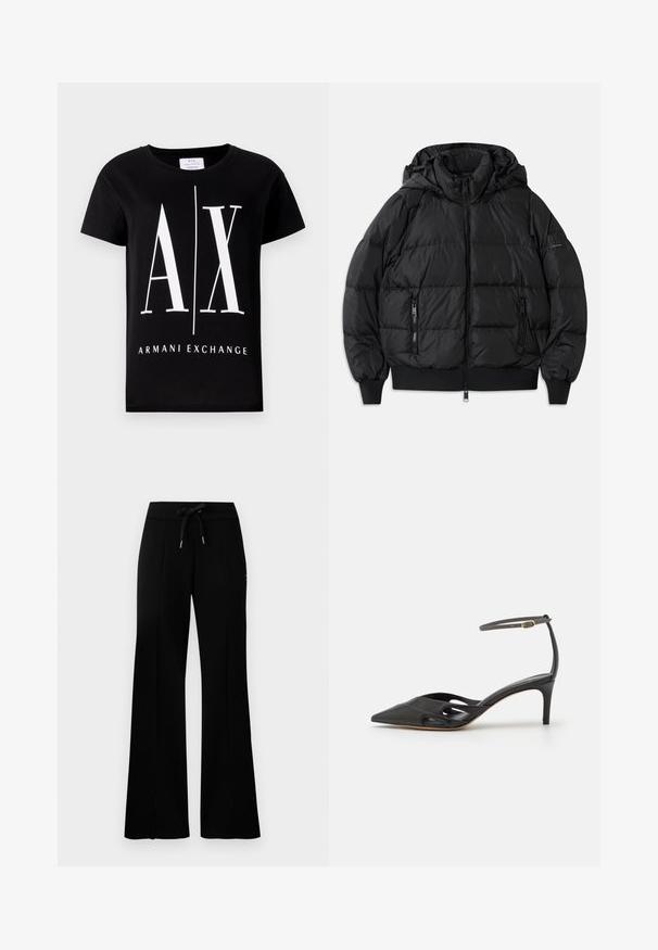 Čierna nafúknutá bunda s kapucňou, so zipsom na prednej strane a dvomi zipsovými bočnými vreckami. Má rebrované manžety a lem, hladký lesklý povrch.; Čierne bavlnené tričko s veľkým bielym logom "AX" a textom "ARMANI EXCHANGE". Klasický okrúhly výstrih a krátke rukávy.; Čierne široké tepláky s elastickým pásom a šnúrkou, bočnými rozparkami, mäkkou látkou a štýlovým dizajnom.; Čierna kožená topánka na vysokom opätku s špicatou špičkou, otvorenými stranami a tenkým remienkom okolo členka so zlatým kovovým detailom.