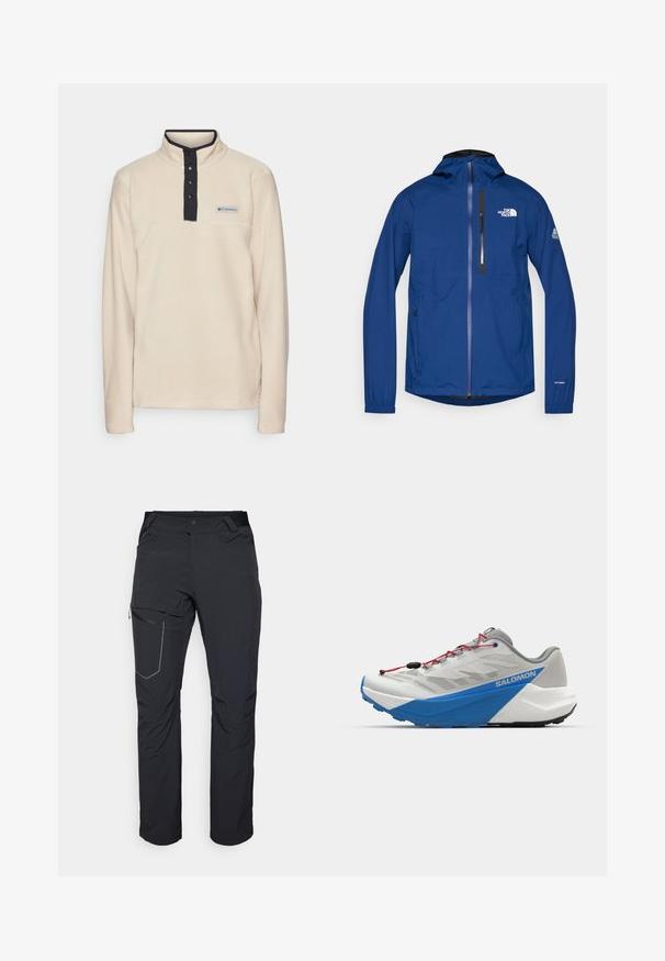 Blaue wasserdichte Jacke mit langen Ärmeln, verstellbare Kapuze, Reißverschluss vorne, Brusttasche und elastischen Bündchen. Mit "The North Face"-Logo.; Columbia STEENS MOUNTAIN™ HALF SNAP - Fleecepullover - ancient fossil/black; Schwarze Outdoor-Hosen mit einem Reißverschlusstaschen an den Oberschenkeln, elastischem Bund und glattem, wasserabweisendem Stoff. Sauberes Design ohne sichtbare Logos.; Leichter Laufschuh in Grau mit blauem Mittelsohlen und roten Schnürsenkeln. Verfügt über ein atmungsaktives Mesh-Obermaterial und eine stark rutschfeste Außensohle.