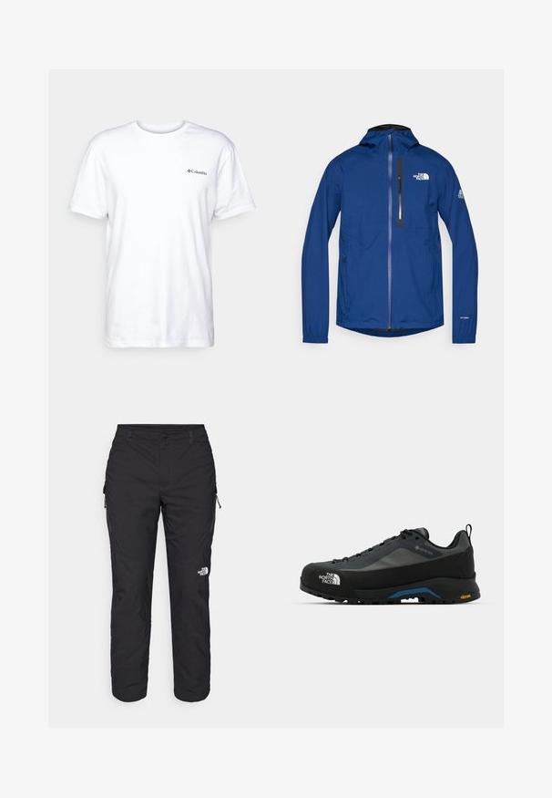 Blå vanntett jakke med lange ermer, justerbar hette, glidelås foran, brystlomme og elastiske mansjetter. Har "The North Face"-logo.; Hvit bomulls t-skjorte med korte ermer, rund hals og en liten svart Columbia-logo på venstre bryst. Mykt, enkelt design.; The North Face WINTER EXPLORATION TAPERED CARGO  - Friluftsbukser - black; The North Face VERTO ALPINE GORE TEX - Fjellsko - asphalt grey/tnf black