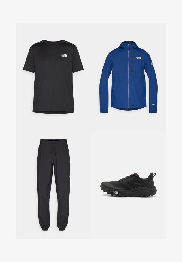 Blå vanntett jakke med lange ermer, justerbar hette, glidelås foran, brystlomme og elastiske mansjetter. Har "The North Face"-logo.; Svart kortermet T-skjorte laget av lett materiale. Har en liten hvit logo på venstre bryst og subtile skulderdetaljer.; Sorte idrettsbukser laget av lett stoff, med snor i livet, sidelommer og smale mansjetter ved anklene.; Svart terrengløpesko med teksturert overdel, gummisåle og forsterket tåhette. Har polstret krage og løftestropp for enkel påkledning.
