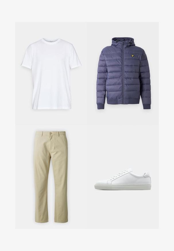 Navy puffer jacket with a zip closure, ribbed cuffs, and a hood. Features quilted design and a small yellow logo on the chest.; White cotton t-shirt with short sleeves, round crew neckline, and a relaxed fit. Features minimalistic design, no patterns or accents.; Beige cotton trousers with a straight-leg design, front button closure, and belt loops. Smooth texture, no visible patterns or accents.; White sneaker with a smooth leather upper and a low profile. Features a rounded toe, six eyelets, and a textured rubber sole.