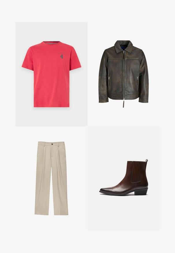 Jachetă din piele maro cu fermoar în față, guler plat și două buzunare cu fermoar. Caracteristici include o textură ușor uzată și un croi ajustat.; Pulover de culoare gri cărbune, cu guler înalt, fabricat dintr-un material moale, având mâneci lungi, un guler ajustat și un tiv drept. Textură netedă pe toată suprafața.; Tricou roșu din bumbac cu guler rotund și mâneci scurte. Prezintă un mic logo închis la culoare și numărul „4” imprimat pe piept. Design simplu.; Pantaloni bej cu croi drept, dotati cu un singur nasture negru, bucle pentru centură și buzunare laterale. Textură de țesătură netedă și design minimal.; Botină din piele maro, cu vârf ascuțit, panouri laterale elastice, detalii texturate pe partea din față și toc scăzut îngrădit.
