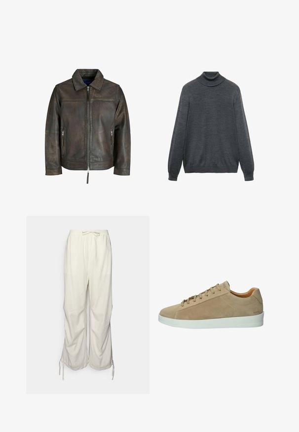 Braune Lederjacke mit einem Reißverschluss vorne, flachem Kragen und zwei Reißverschlusstaschen. Verfügt über eine leicht beschädigte Textur und eine taillierte Passform.; Kohlgrauer Rollkragenpullover aus weichem Material, mit langen Ärmeln, einem taillierten Kragen und einem geraden Saum. Glatte Textur über das gesamte Kleidungsstück.; Leinen-Mix-Hose in Off-White mit elastischem Bund, Kordelzug und seitlichen Schlitzen am Saum für eine verstellbare Passform.; Beige Wildleder-Sneaker mit weißer Gummisohle. Merkmale sind eine glatte Textur, eine abgerundete Zehenpartie und ein minimalistisches Schnürdesign. Branding an der Seite.