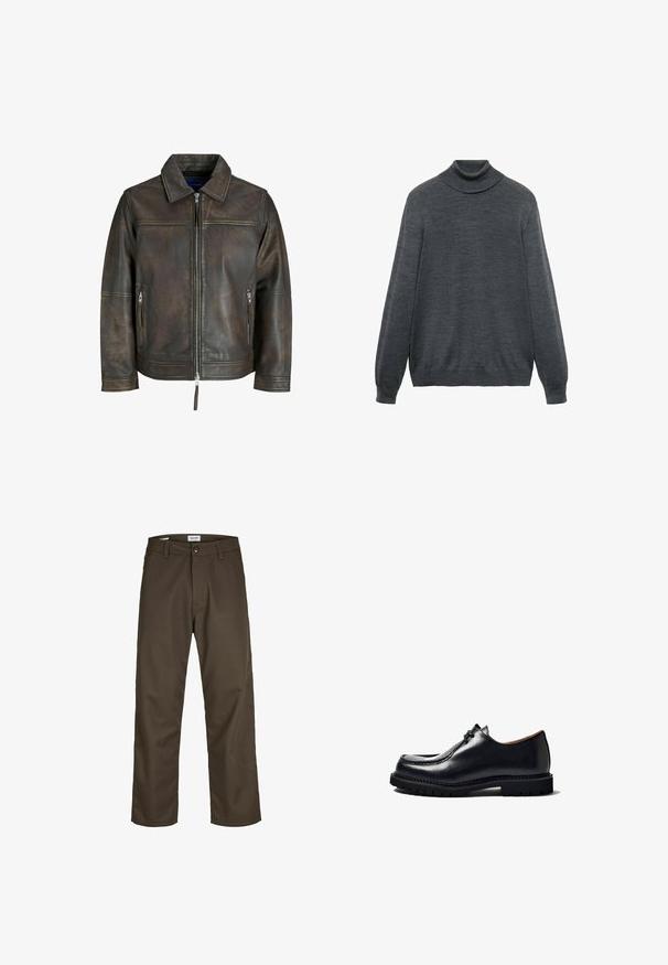 Brązowa skórzana kurtka z zamkiem na przodzie, płaskim kołnierzem i dwiema zamkniętymi kieszeniami. Wyróżnia się lekko postarzaną teksturą i dopasowanym krojem.; Sweter w kolorze węgla z długim rękawem, wykonany z miękkiego materiału, z dopasowanym kołnierzem i prostym wykończeniem. Gładka tekstura na całej powierzchni.; Ciemnobrązowe chinosy o prostym kroju, wykonane z trwałej tkaniny. Posiadają zapięcie na guziki oraz kieszenie z przodu. Gładka struktura.; Czarny skórzany but z okrągłym noskiem, zapinany na sznurowadła, z przeszyciami i teksturowaną gumową podeszwą. Gładka powierzchnia z błyszczącym wykończeniem.