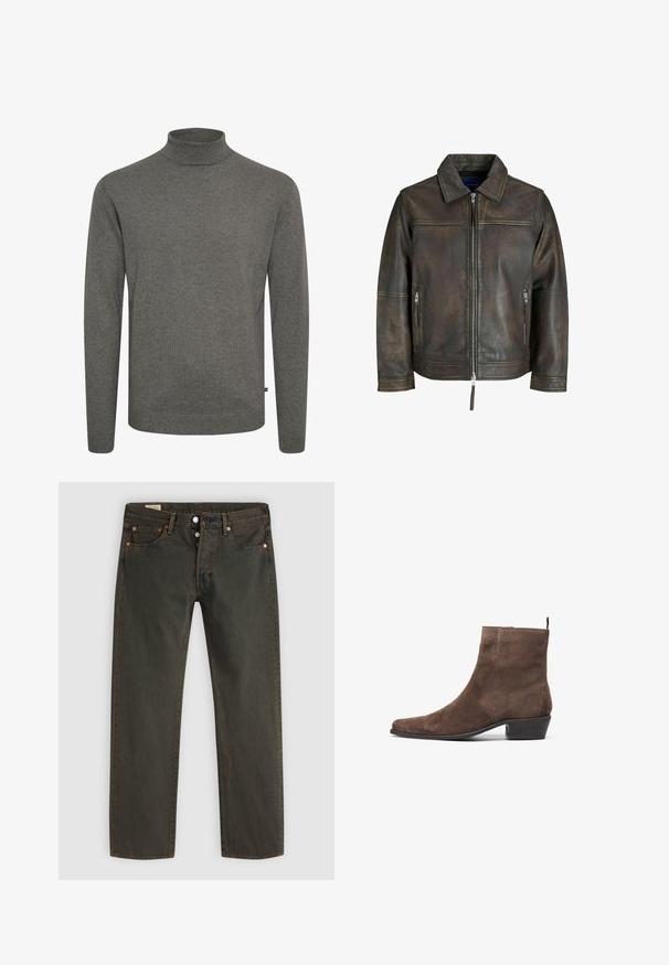 Ruskea nahkatakki, jossa on vetoketjukiinnitys, tasainen kaulus ja kaksi vetoketjullista taskua. Takkissa on hieman kulunut pinta ja istuva malli.; Harmaa pooloneule, valmistettu pehmeästä neuloksesta. Siinä on tiukasti istuva kaulus sekä pitkät hihat, joissa on resorit hihansuissa ja helmassa.; Tummanvihreät farkut, jotka on valmistettu denimistä, suoralinjaisella leikkauksella, viidellä taskulla, kuparinvärisellä varusteistolla ja hienovaraisella pesukuvioinnilla.; Ruske antilopne čizme do gležnja s šiljatim vrhom, niskim blok petama i petnim otvorom za laku obuću. Gladak materijal i jednostavan dizajn.