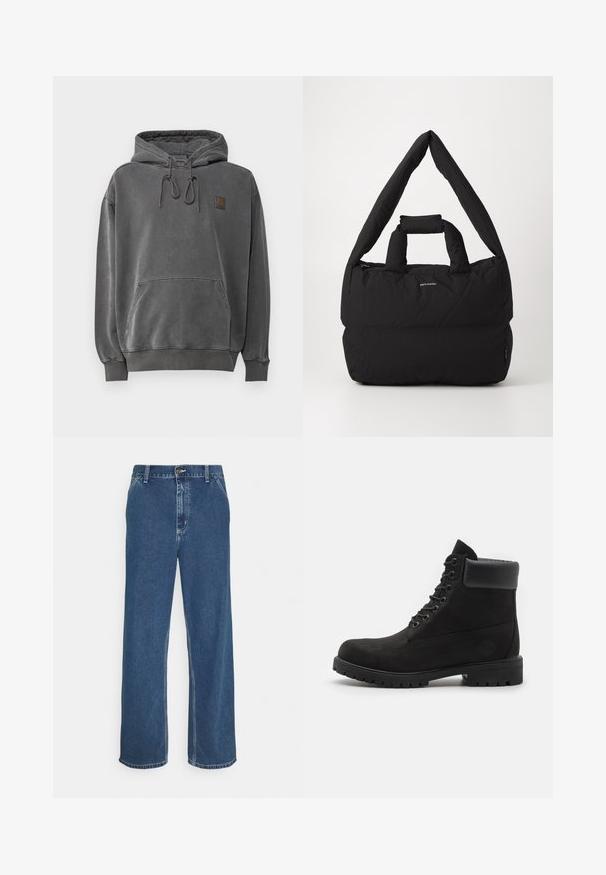 Brown leather jacket with a zip front, flat collar, and two zippered pockets. Features a slightly distressed texture and tailored fit.; Gray hoodie with a front pocket, adjustable drawstrings, and a small logo patch. Soft texture and relaxed fit, featuring ribbed cuffs and hem.; Blue denim jeans with a straight cut, five-pocket design, metal button closure, and visible stitching along seams and hem.; Black lace-up ankle boot with padded collar and rugged sole, shown in profile against a white background.; Black padded bag with a wide, soft shoulder strap and top handle. Features a zip closure and a subtle logo on the front.