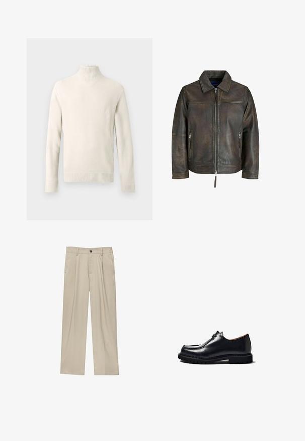 Brązowa skórzana kurtka z zamkiem na przodzie, płaskim kołnierzem i dwiema zamkniętymi kieszeniami. Wyróżnia się lekko postarzaną teksturą i dopasowanym krojem.; Kremowy sweter z golfem, dziany, z długimi rękawami oraz ściągaczami na mankietach i u dołu, zaprezentowany na białym tle.; Beżowe spodnie o prostym kroju, z pojedynczym czarnym guzikiem, szlufkami na pasek oraz bocznymi kieszeniami. Gładka faktura materiału i minimalistyczny design.; Czarny skórzany but z okrągłym noskiem, zapinany na sznurowadła, z przeszyciami i teksturowaną gumową podeszwą. Gładka powierzchnia z błyszczącym wykończeniem.