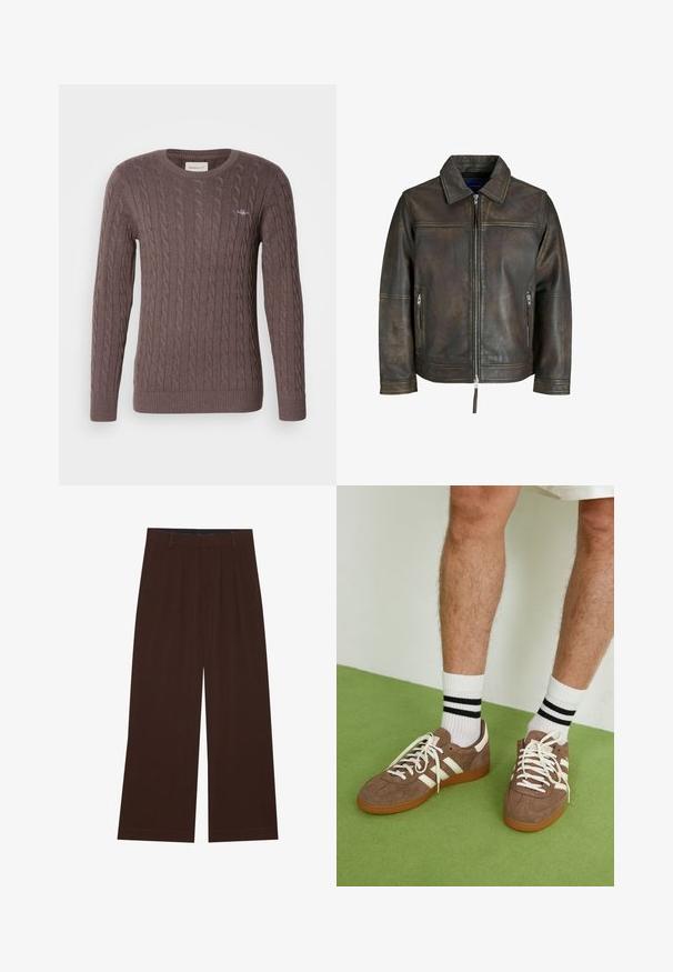 Brown leather jacket with a zip front, flat collar, and two zippered pockets. Features a slightly distressed texture and tailored fit.; Brown cable-knit sweater with a round neck, long sleeves, and ribbed cuffs and hem. Features a small embroidered logo on the chest.; Brown wide-leg trousers with pleats. Made of a smooth fabric, featuring a tailored waistband and side pockets. Flat hem at the bottom.; Brown suede sneakers with white accents and laces. Rubber gum sole. Worn with white socks featuring black stripes. Green textured flooring.