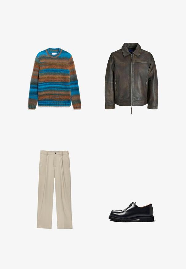 Braune Lederjacke mit einem Reißverschluss vorne, flachem Kragen und zwei Reißverschlusstaschen. Verfügt über eine leicht beschädigte Textur und eine taillierte Passform.; Mehrfarbiger Strickpullover mit blauen und braunen horizontalen Streifen, Rundhalsausschnitt und gerippten Ärmeln. Aus weichem, strukturiertem Garn gefertigt.; Beige Hosen mit geradem Schnitt, ausgestattet mit einem einzelnen schwarzen Knopf, Gürtelschlaufen und Seitentaschen. Glatte Stofftextur und minimalistisches Design.; Schwarzer Lederschuh mit einer abgerundeten Zehenform, Schnürdesign, genähte Details und einer strukturierten Gummisohle. Glatte Oberfläche mit glanzvollem Finish.