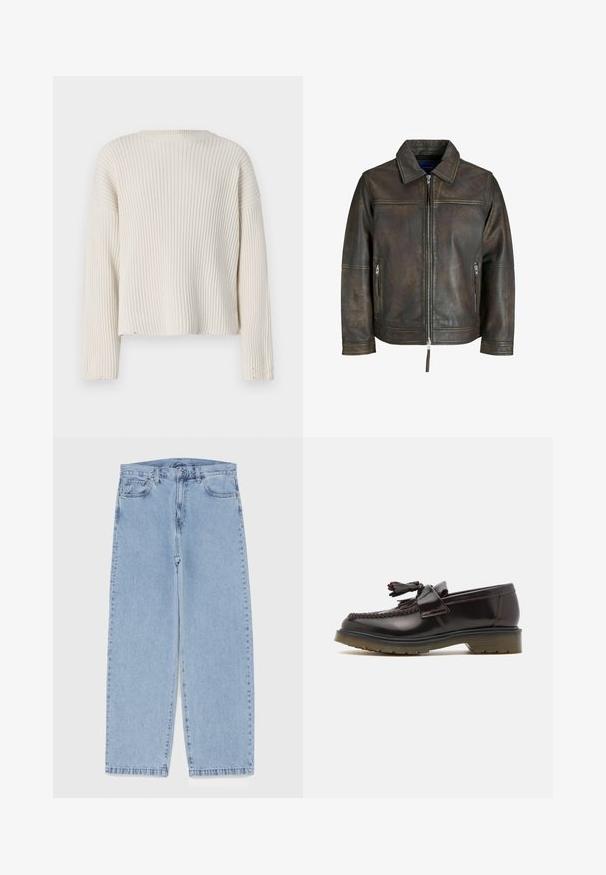 Giubbotto in pelle marrone con chiusura a zip frontale, colletto piatto e due tasche con zip. Presenta una texture leggermente invecchiata e una vestibilità su misura.; Maglione a costine color crema con maniche lunghe, scollatura rotonda e vestibilità slacciata. Presenta dettagli con orlo sfilacciato e tessuto strutturato.; Jeans in denim azzurro chiaro con design a gamba dritta, caratterizzati da una vita media, cinque tasche e chiusura con bottone e zip.; Mocassini in pelle marrone con design intrecciato, dettaglio con nappine e suola piatta in gomma. Caratterizzati da una finitura liscia e cuciture a contrasto.