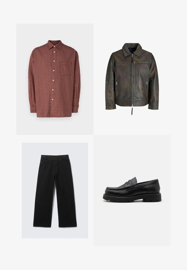 Brun læderjakke med lynlås foran, flad krave og to lynlås-lommer. Har en let slidte tekstur og skræddersyet pasform.; Langærmet skjorte i rustrød med ternet mønster, med en lomme og hvide knapper, lavet af letvægtsstof.; Sorte brede bukser lavet af denim, med et klassisk fem-lomme design og en struktureret talje med bæltestropper.; Sorte læder loafers med rund tå, teksturerede detaljer foran og en kraftig gummisål med riller for bedre greb.