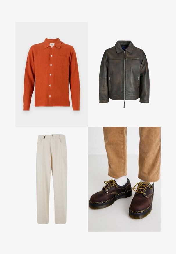 Hnědá kožená bunda se zipem vpředu, plochým límcem a dvěma kapsami na zip. Disponuje mírně opotřebovanou texturou a upraveným střihem.; Košile s dlouhým rukávem v rezavé barvě z lehké látky. Obsahuje zapínání na knoflíky vpředu, límec a jednu náprsní kapsu.; Beige bavlněné kalhoty se střihy rovného nohavice, s předními kapsami a zapínáním na knoflík. Hladká textura s minimálními detaily.; Hnědé kožené boty s žlutým prošíváním, kulatá špička, silná platformová podrážka a kontrastní černé detaily. Nesené s bílými ponožkami a kordovým kalhotami.