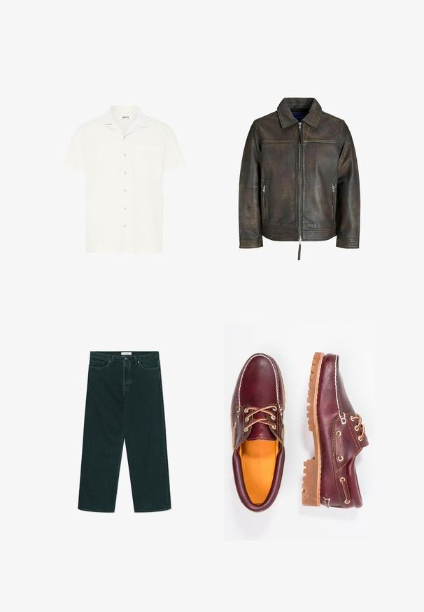 Bruine leren jas met een ritssluiting aan de voorkant, platte kraag en twee ritszakken. Kenmerkt zich door een licht verweerde textuur en een getailleerde pasvorm.; Korte mouwen, witte overhemd met kraag en een zak, met contrasterende kraagdetails en een subtiele textuur, sluiting met knopen aan de voorkant.; Donkergroene spijkerbroek met wijdere pijpen, voorzien van een knoop- en ritsclosure, voorzakken en riemlussen, plat gelegd op een witte achtergrond.; Bordeaux leren schoenen met bruine rubberen zolen, ronde neus, witte stiksels en gouden veterogen. Het interieur heeft een gele voering.