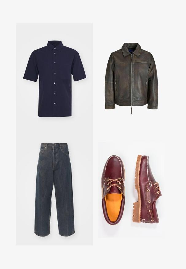 Chaqueta de cuero marrón con cierre frontal, cuello plano y dos bolsillos con cremallera. Presenta una textura ligeramente desgastada y un ajuste entallado.; Camisa de manga corta de color azul marino oscuro, hecha de una tela de textura suave. Presenta un cuello clásico, cierre de botones en la parte delantera y un bolsillo en el pecho.; Vaqueros de mezclilla oscuros de pierna ancha con una sutil textura desgastada, cinco bolsillos y un cierre clásico de botón y cremallera en la cintura.; Zapatos de cuero burdeos con suelas de goma marrón, puntera redonda, costuras blancas y ojales dorados. El interior cuenta con un forro amarillo.