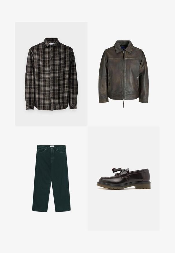 Pruun nahkjope, millel on lukuga esiosa, lame krae ja kaks lukuga taskut. Omab veidi kulunud tekstuuri ja kohandatud lõiget.; Mustra mustristükkides must ja beež särk, pika varrukaga, nööpidega eest kinni, klassikaline krae ning pehme tekstuur koos struktureeritud lõikega.; Tumed roheline laia säärega denimpüksid, millel on nööbid ja lukud, esi taskud ja vöökohakohad, laotatuna valgele taustale.; Pruunid nahast loafers, millel on kootud kujundus, tassis detail ja lame kummitald. Omab siledat viimistlust ja kontrastset õmblust.