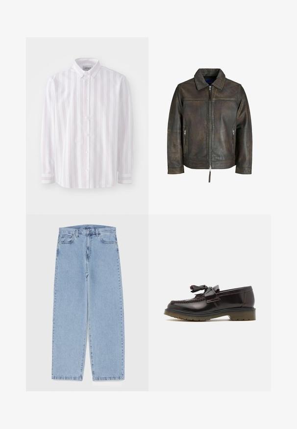 Hnedá kožená bunda so zipsom vpredu, plochým golierom a dvoma zipsovými vreckami. Má mierne opotrebovaný vzhľad a priliehavý strih.; Dlhý rukáv, košeľa na gombíky v svetlo ružovej farbe s bielymi vertikálnymi pruhmi. Má špicatý golier a zapínanie na gombíky, vyrobená z bavlnenej látky.; Svetlomodré denimové džínsy s rovnými nohavicami, s polovysokým pásom, piatimi vreckami a zapínaním na gombík a zips.; Hnedé kožené mokasíny s tkaným vzorom, detailom s třásňami a plochou gumovou podrážkou. Majú hladký povrch a kontrastné švy.