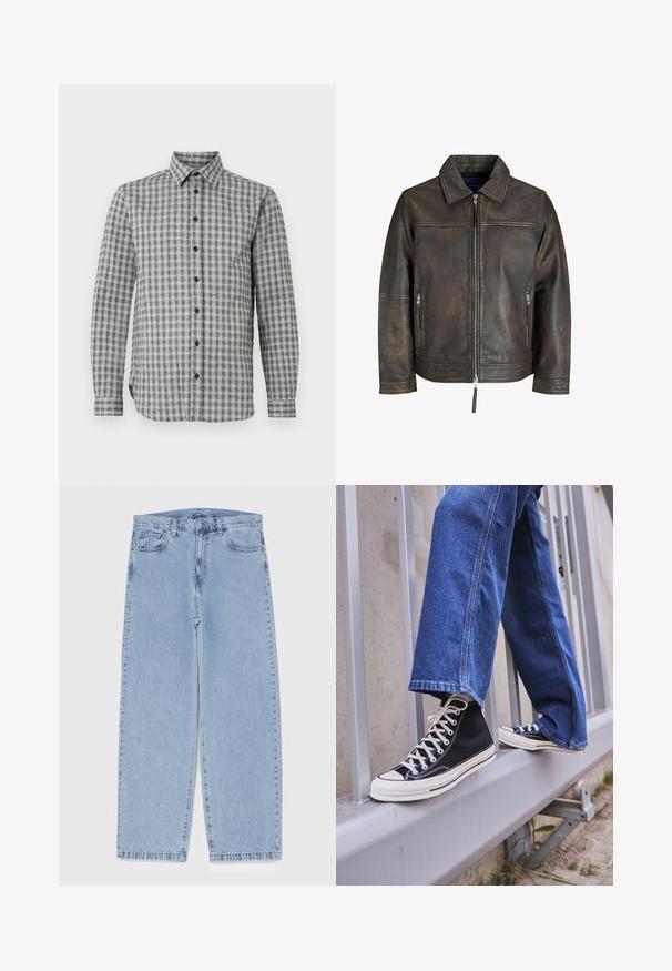 Barna bőrdzseki cipzárral elöl, sima gallérral és két cipzáras zsebbel. Enyhén kopottas textúrával és testre szabott szabással rendelkezik.; Férfi hosszú ujjú ing szürke kockás mintával, gombos gallérral és fekete gombokkal, puha anyagból készült.; Fehér, hosszú ujjú, pamut póló. A mellkason egy kicsi, kerek, színes logó található. Egyszerű dizájn, bordázott mandzsettával.; Világoskék farmernadrág egyenes szárú kivitelben, közepes derékkal, öt zsebbel, gombos és cipzáros záródással.; Fekete magasszárú sportcipők fehér talppal és fűzővel, laza kék farmernadrággal párosítva, egy szürke korlát tetején pihenve.