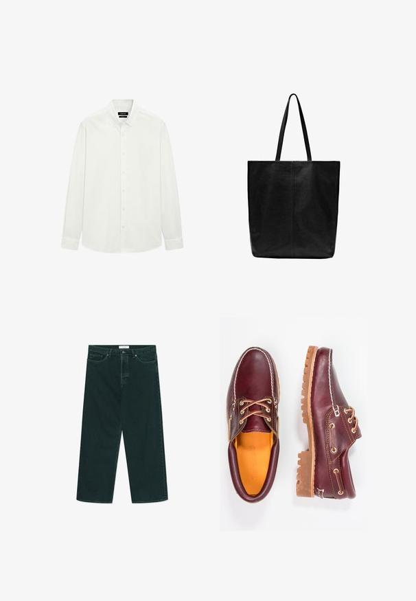 Brown leather jacket with a zip front, flat collar, and two zippered pockets. Features a slightly distressed texture and tailored fit.; White long-sleeve button-up shirt with button-down collar and standard cuffs, displayed flat against a white background.; Dark green wide-leg denim jeans with button and zip closure, front pockets, and belt loops, laid flat on a white background.; Burgundy leather shoes with brown rubber soles, round toe, white stitching, and gold eyelets. Interior features a yellow lining.; Black leather tote bag with long, flat handles. Simple design, rectangular shape, smooth texture, and no visible hardware or embellishments.