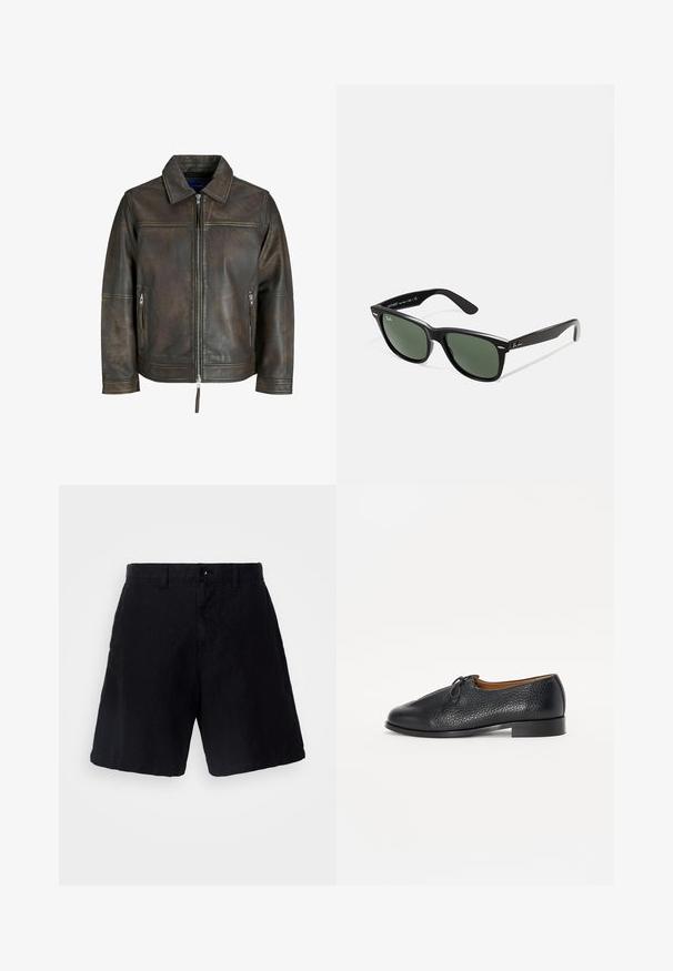 Veste en cuir marron avec zip sur le devant, col plat et deux poches zippées. Présente une texture légèrement vieillie et une coupe ajustée.; T-shirt en coton blanc avec un col rond et des manches courtes. Coupe décontractée sans motifs ni accents visibles. Texture lisse.; Shorts noirs en tissu léger avec une coupe décontractée, dotés d'une fermeture à bouton, de passants de ceinture et de poches latérales.; Chaussure en cuir noir avec une finition texturée, bout arrondi et un petit nœud décoratif sur le dessus. Dispose d'un petit talon solide.; Lunettes de soleil en plastique noir avec verres verts, monture carrée, accent argenté sur le sourcil et branches texturées. Marque indiquée sur l'intérieur de la branche.