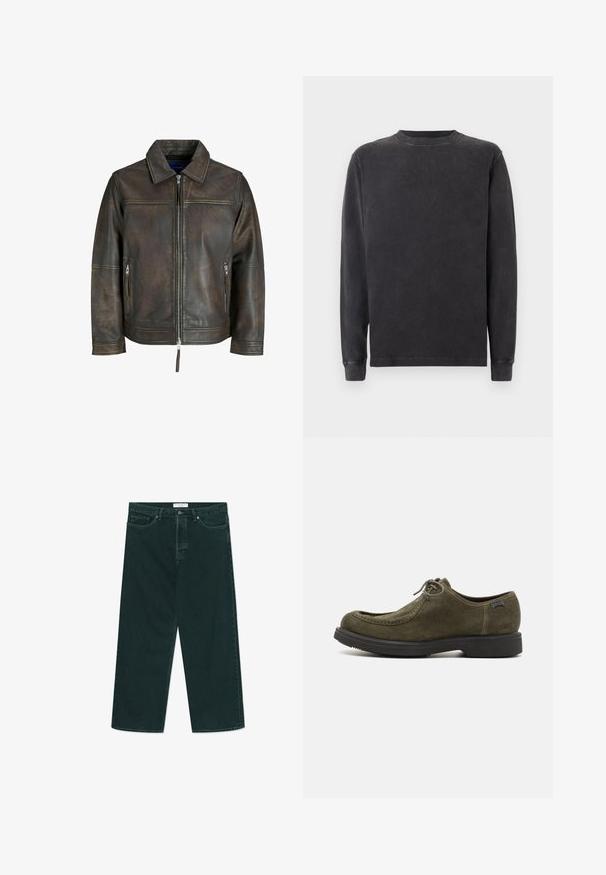 Barna bőrdzseki cipzárral elöl, sima gallérral és két cipzáras zsebbel. Enyhén kopottas textúrával és testre szabott szabással rendelkezik.; Hosszú ujjú garbós pulóver sötétszürke színben, puha pamutkeverékből készült. Bordás mandzsettákkal és nyakkivágással rendelkezik, sima, enyhén texturált felülettel.; Sötétzöld, bő szabású farmernadrág gombbal és cipzárral, elülső zsebekkel és övbújtatókkal, fehér háttéren vízszintesen elhelyezve.; Sötétzöld velúr cipők sima textúrával, lekerekített orral, varrott díszítésekkel és fekete gumitalppal.