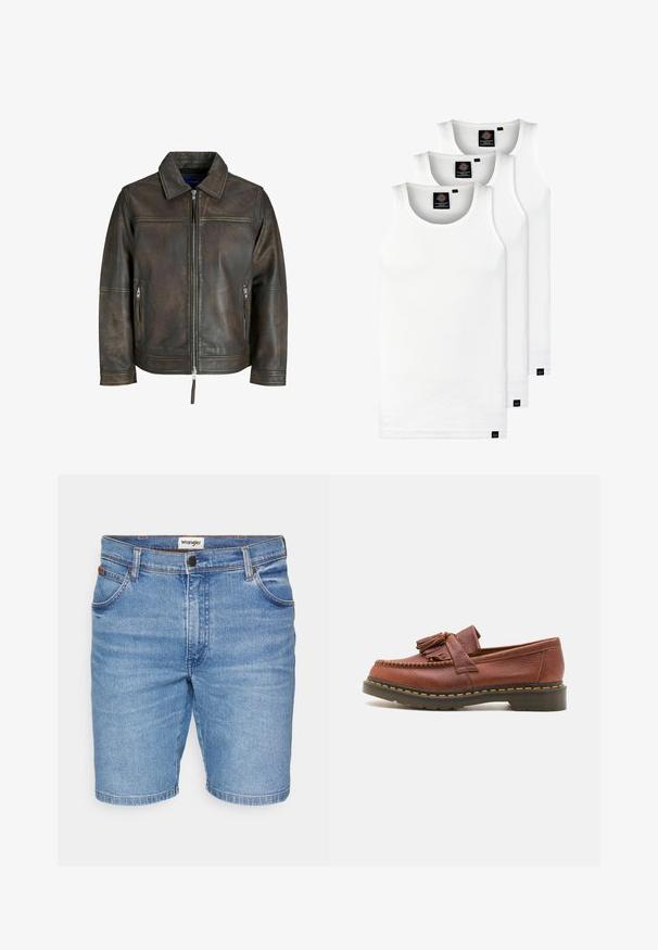 Ruskea nahkatakki, jossa on vetoketjukiinnitys, tasainen kaulus ja kaksi vetoketjullista taskua. Takkissa on hieman kulunut pinta ja istuva malli.; Kolme valkoista ribbitekstiilistä toppia, jotka on valmistettu puuvillasta. Ominaisuuksiin kuuluu pyöreä pääntie ja pieni musta etiketti helman lähellä. Saatavilla useissa kooissa.; Wrangler TEXAS - Farkkushortsit - guardian; Kahvinahkainen mokassa, jossa on tupsuakkentssit, teksturoitu pinta ja kontrastina keltainen ommel mustan kumipohjan reunalla. Sivunäkymä.