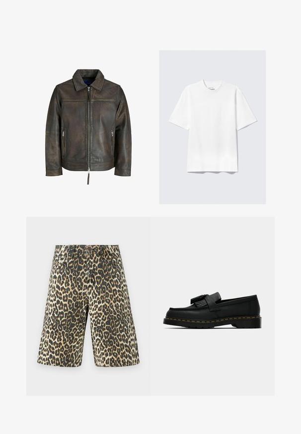 Jachetă din piele maro cu fermoar în față, guler plat și două buzunare cu fermoar. Caracteristici include o textură ușor uzată și un croi ajustat.; Cămașă T-shirt albă, cu mâneci scurte, de tip relaxat, așezată pe un fundal gri deschis.; Șorturi din denim cu imprimeu leopardo, având un model în nuanțe de marron deschis, negru și bej, cu cinci buzunare și o croială dreaptă.; Mocasini negri din piele cu ciucuri, cusături galbene pe marginea tălpii și o talpă exterioară groasă, zimțată din cauciuc.