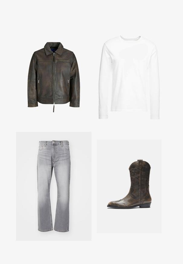 Brown leather jacket with a zip front, flat collar, and two zippered pockets. Features a slightly distressed texture and tailored fit.; Long-sleeve white t-shirt made of soft cotton. Crew neckline with straight cut hems and no visible patterns or graphics.; Gray denim jeans with a straight-leg design, subtle fading, and classic five-pocket styling. Features a button and zip fly closure.; Brown leather cowboy boot with a tall shaft, pointed toe, intricate stitching patterns, and a small heel. Textured finish throughout.