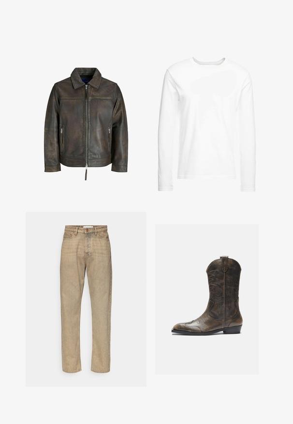 Ruskea nahkatakki, jossa on vetoketjukiinnitys, tasainen kaulus ja kaksi vetoketjullista taskua. Takkissa on hieman kulunut pinta ja istuva malli.; Pitkähihaista valkoista t-paitaa, joka on valmistettu pehmeästä puuvillasta. Pyöreä kaula-aukko, suorat helmat eikä näkyviä kuvioita tai grafiikoita.; Beige farkut suoran lahkeen muotoilulla, jossa on nappisulku, viisi taskua ja hienovarainen kulutustekstuuri kauttaaltaan.; Ruskea nahkainen cowboy-saapas, jossa on korkea varsi, terävä kärki, monimutkaiset ompelukuvioinnit ja pieni korko. Pintakuviointi kauttaaltaan.