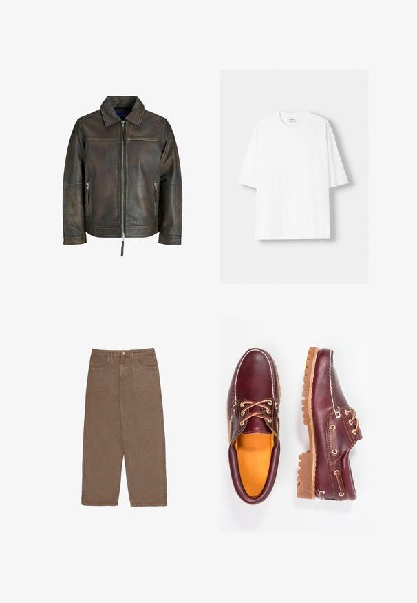 Smeđi kožni jakna s patentnim zatvaračem sprijeda, ravnim ovratnikom i dva džepa s patentnim zatvaračem. Ima blago istrošen izgled i kroj prilagođen tijelu.; Bijela kratkodlana majica s kratkim rukavima, izrađena od pamuka, s okruglim izrezom i opuštenim krojem. Gladak materijal, bez vidljivih uzoraka ili akcenta.; Smeđe hlače širokih nogavica od pamuka, s dva prednja džepa i zatvaranjem na dugme. Tkanina ima mekanu teksturu i mat završnicu.; Burgundske kožne cipele s smešnim gumenim potplatima, okruglim vrhom, bijelim šavovima i zlatnim rupama za vezivanje. Unutrašnjost ima žutu podstavu.