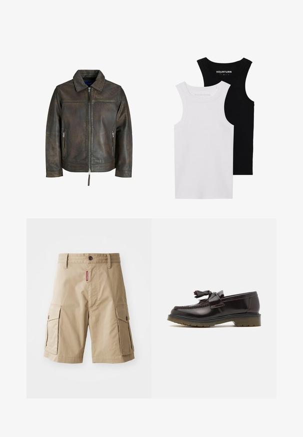 Braune Lederjacke mit einem Reißverschluss vorne, flachem Kragen und zwei Reißverschlusstaschen. Verfügt über eine leicht beschädigte Textur und eine taillierte Passform.; Zwei figurbetonte Tanktops in Schwarz und Weiß. Aus geripptem Baumwollmaterial hergestellt, verfügen sie über breite Träger und runde Ausschnitte. Branding am Kragen.; Beige Cargo-Shorts aus Baumwollmischung, ausgestattet mit zwei Seitentaschen, einem Knopfverschluss und einem roten Etikett auf der Vorderseite.; Braune Lederloafers mit einem geflochtenen Design, Quasten-Detail und einer flachen Gummisohle. Sie verfügen über eine glatte Oberfläche und kontrastierende Nähte.