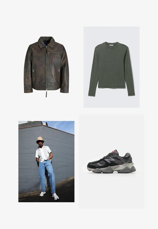 Smeđi kožni jakna s patentnim zatvaračem sprijeda, ravnim ovratnikom i dva džepa s patentnim zatvaračem. Ima blago istrošen izgled i kroj prilagođen tijelu.; Dugi rukav, rebrasti top u tamnozelenoj boji, s okruglim izrezom i ravnim rubom. Izrađen od mekog materijala, s minimalnim šavovima i bez vidljivih uzoraka.; Bjela košulja s kratkim rukavima sa svijetlosivim prugama, plave traperice i bijele tenisice, postavljeni uz sivi zid pod vedrim plavim nebom.; Crne i sive tenisice s kombinacijom antilopa i mrežastih materijala, debelim đonom, istaknutim logotipom i crvenim naglaskom na jeziku.