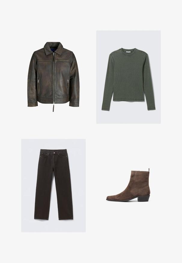 Veste en cuir marron avec zip sur le devant, col plat et deux poches zippées. Présente une texture légèrement vieillie et une coupe ajustée.; Haut à manches longues et à côtes, de couleur vert foncé, avec un col rond et un ourlet droit. Fabriqué en tissu doux, avec des coutures minimales et sans motifs visibles.; Jeans en denim noir avec une coupe droite, cinq poches et des coutures couleur cuivre. Texture lisse, fermeture à bouton classique à la taille.; Bottine en daim marron avec un bout pointu, un petit talon carré et une boucle à l'arrière pour un enfilage facile. Texture lisse et design simple.