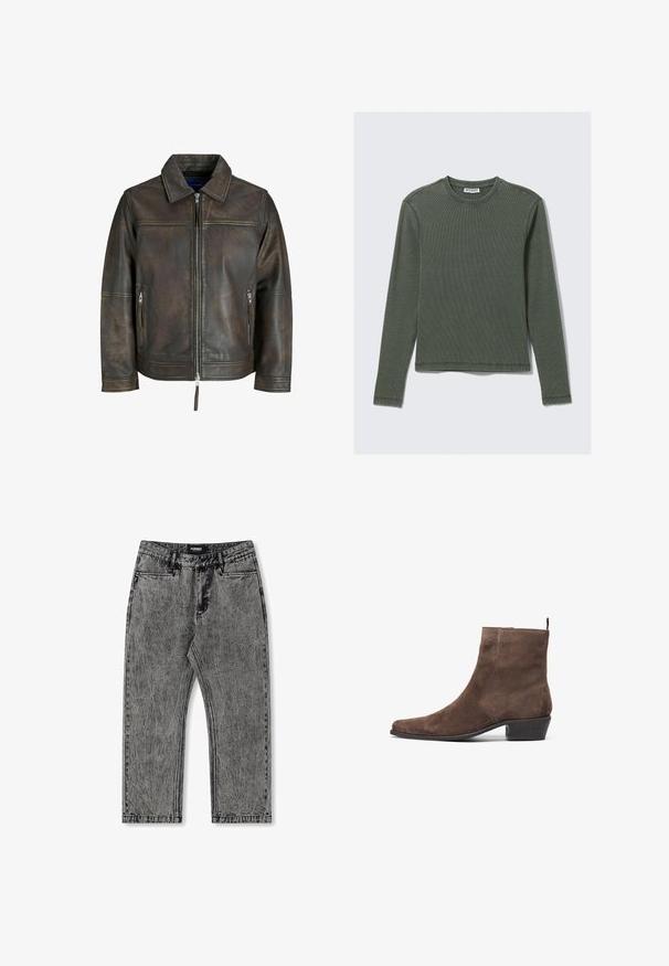 Brown leather jacket with a zip front, flat collar, and two zippered pockets. Features a slightly distressed texture and tailored fit.; Long-sleeve, ribbed top in dark green, featuring a crew neckline and straight hem. Made of soft fabric, with minimal seams and no visible patterns.; Gray denim jeans with a distressed finish, straight-leg design, and five-pocket styling. Features a label with "FORMER" on the waistband.; Brown suede ankle boot with a pointed toe, low block heel, and a pull loop at the back for easy wear. Smooth texture and simple design.