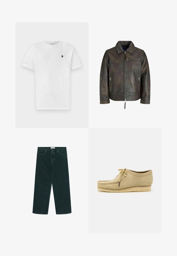 Brun læderjakke med lynlås foran, flad krave og to lynlås-lommer. Har en let slidte tekstur og skræddersyet pasform.; Hvid bomulds T-shirt med korte ærmer, rund halsudskæring og et lille sort logo på venstre bryst. Glat tekstur, klassisk pasform.; Mørkegrønne vidde denimjeans med knap- og lynlås lukning, forlommer og bæltestropper, liggende fladt på en hvid baggrund.; Beige suedestøvle med snørebåndsdesign, syede detaljer og gummisål. Formen er afslappet med en let hæl.
