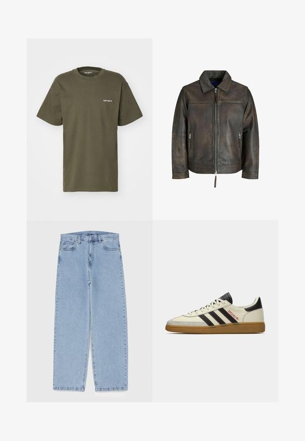 Smeđi kožni jakna s patentnim zatvaračem sprijeda, ravnim ovratnikom i dva džepa s patentnim zatvaračem. Ima blago istrošen izgled i kroj prilagođen tijelu.; Maslinasto zelena majica kratkih rukava od pamuka, s okruglim izrezom i malim bijelim logotipom otisnutim na lijevoj strani prsnog koša.; Svijetloplave traperice s ravnim nogavicama, sa srednjim strukom, pet džepova i zatvaranjem na dugme i patentni zatvarač.; Kremo i crni Adidas Spezial tenisice s gumiranim potplatom, crnim prugama, crvenim šavovima i oznakom "Spezial" sa strane.