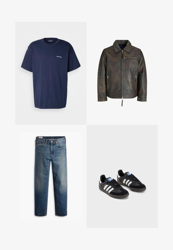 Hnědá kožená bunda se zipem vpředu, plochým límcem a dvěma kapsami na zip. Disponuje mírně opotřebovanou texturou a upraveným střihem.; Carhartt WIP SCRIPT EMBROIDERY - Jednoduché tričko - air force blue/white; Modré rovné džíny z denimu s klasickým pětipocketovým designem, zapínáním na knoflík a jemně vybledlým umyvadlem na stehnech a kolenou.; Černé tenisky s vrškem z semiše a syntetického materiálu, s třemi bílými pruhy, texturovanou gumovou podrážkou a modrou nášivkou loga na jazyku.