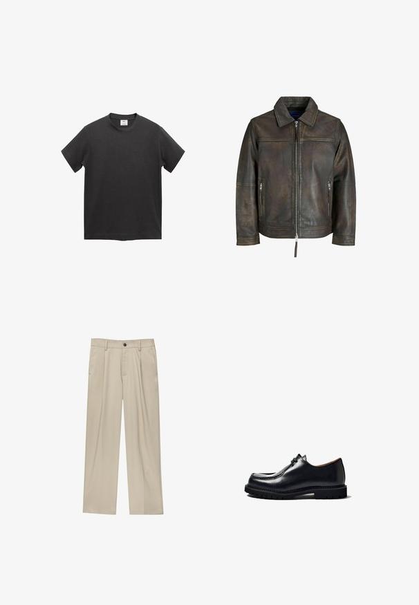 Hnědá kožená bunda se zipem vpředu, plochým límcem a dvěma kapsami na zip. Disponuje mírně opotřebovanou texturou a upraveným střihem.; Černé bavlněné tričko s krátkými rukávy, kulatým výstřihem, rovným lemem a měkkou, hladkou texturou. Žádné viditelné vzory ani akcenty.; Béžové kalhoty klasického střihu, se jedním černým knoflíkem, poutky na opasek a bočními kapsami. Hladká textilie a minimalistický design.; Černá kožená obuv s kulatou špičkou, šněrovacím designem, prošívanými detaily a texturovanou gumovou podrážkou. Hladký povrch s lesklým finišem.