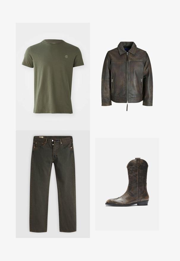 Ruda odinės striukės su užtrauktuku priekyje, lygia apykakle ir dviem užtrauktukais užsegamomis kišenėmis. Pasižymi šiek tiek nevienoda tekstūra ir pritaikytu siluetu.; Olivinės spalvos medvilnės marškinėliai su apvalia iškirpte, trumpomis rankovėmis ir maža siuvinėta logotipu ant krūtinės. Lygus paviršius, klasikinis siluetas.; Tamsiai žali džinsai, pagaminti iš džinsinio audinio, turi tiesią kojos dizainą, penkias kišenes, vario spalvos detales ir subtilų plaunamo audinio raštą.; Rudos odinės kaubojų botai su aukšta ašimi, smailiu pirštu, sudėtingomis siuvimo raštais ir mažu kulnu. Tekstūruotas paviršius visame ilgyje.